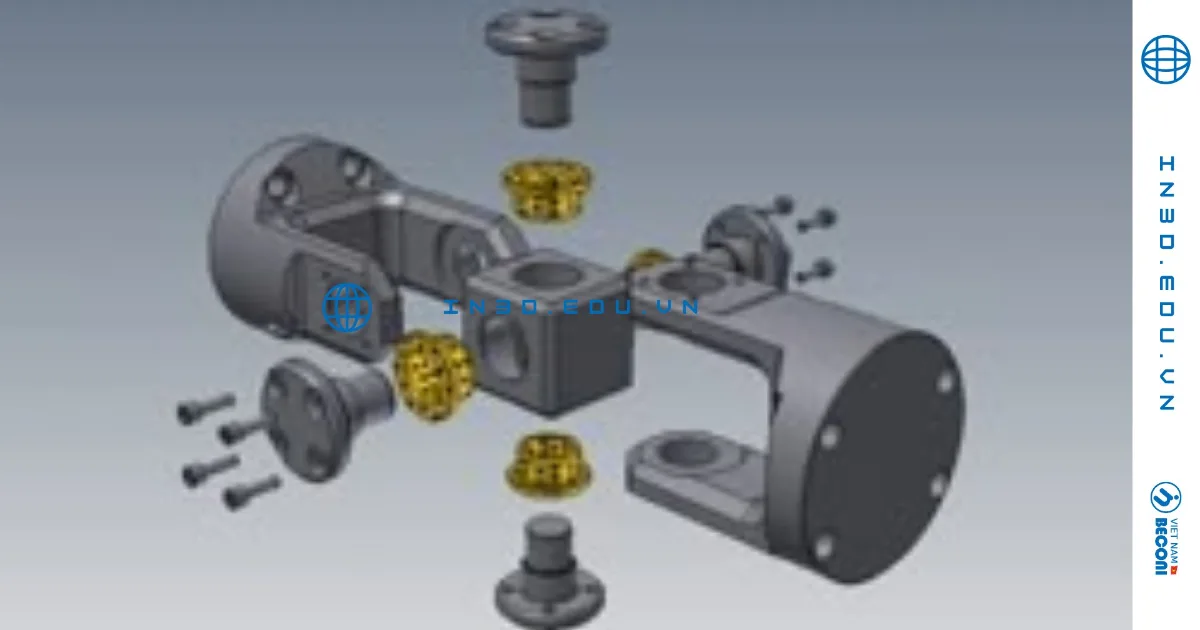 Exploded view of a mechanical assembly modelled in parametric 3D CAD – CT3D design service