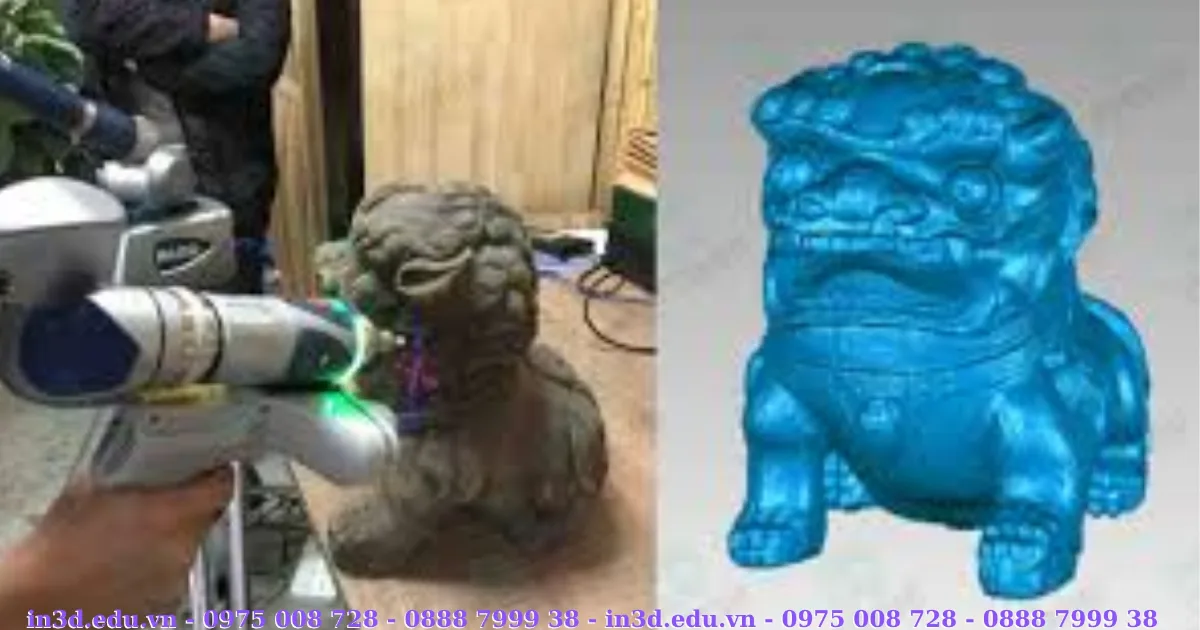 Figure being 3D scanned next to its resulting mesh model – 3D scanning to STL mesh