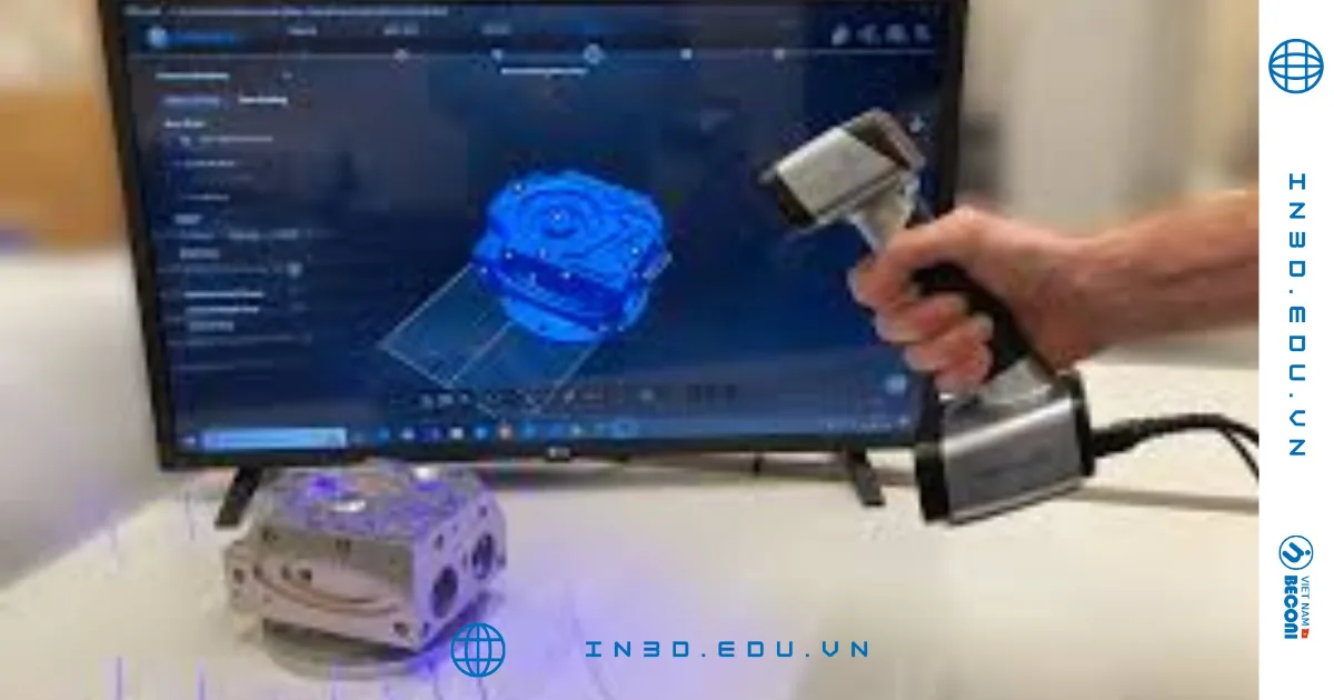 Handheld 3D scanner with live scan data on a monitor – scan processing training session