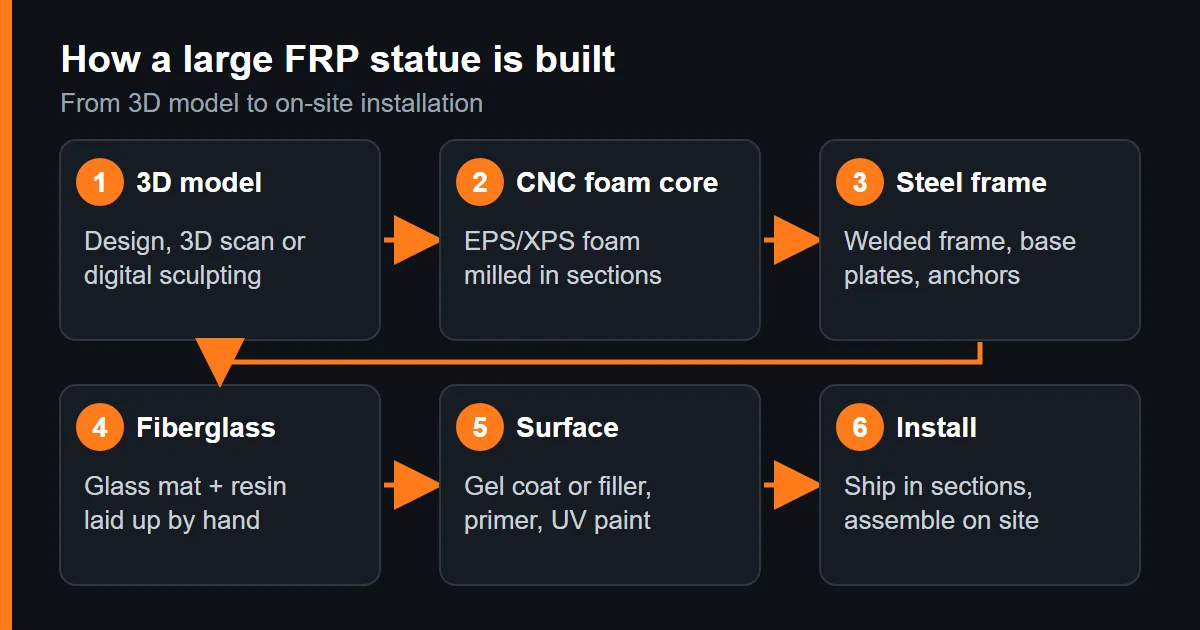 Six-step composite FRP statue process diagram – 3D model, CNC foam core, steel frame, fiberglass, paint, installation