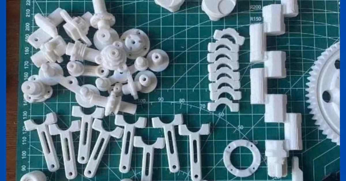FDM 3D printed white gears, clips and functional parts laid out on a cutting mat – CT3D