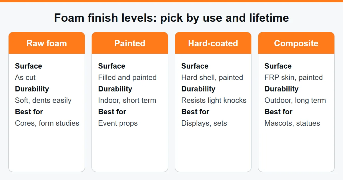 Diagram of four foam finish levels: raw, painted, hard-coated and composite-encapsulated