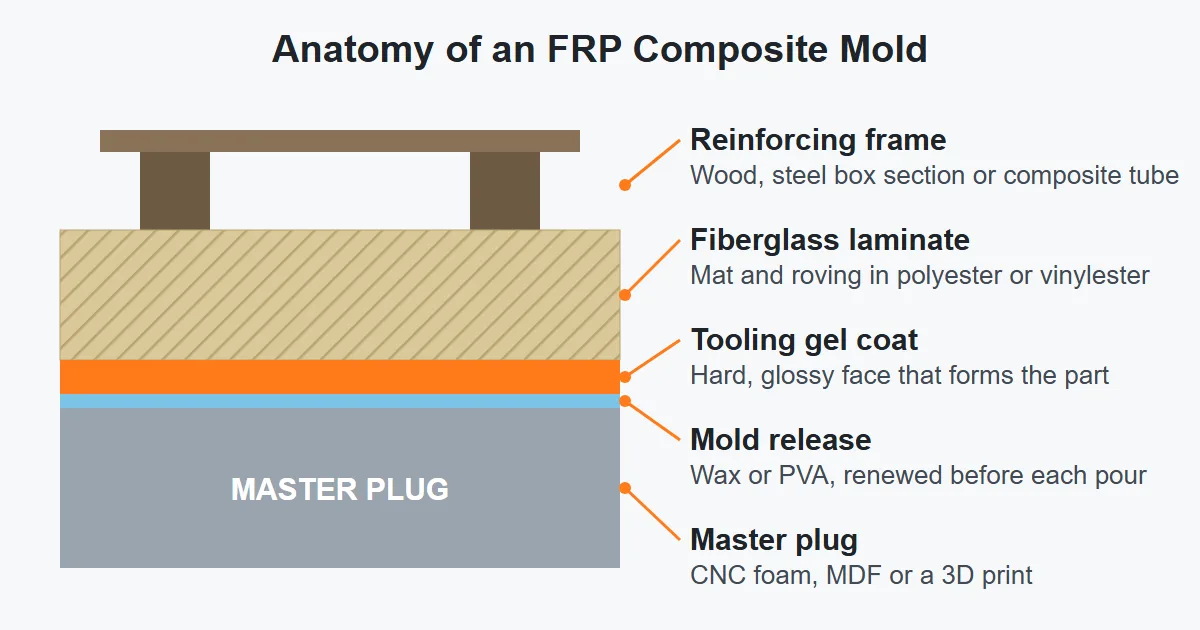 FRP composite mold cross-section diagram – frame, fiberglass laminate, gel coat, release, plug