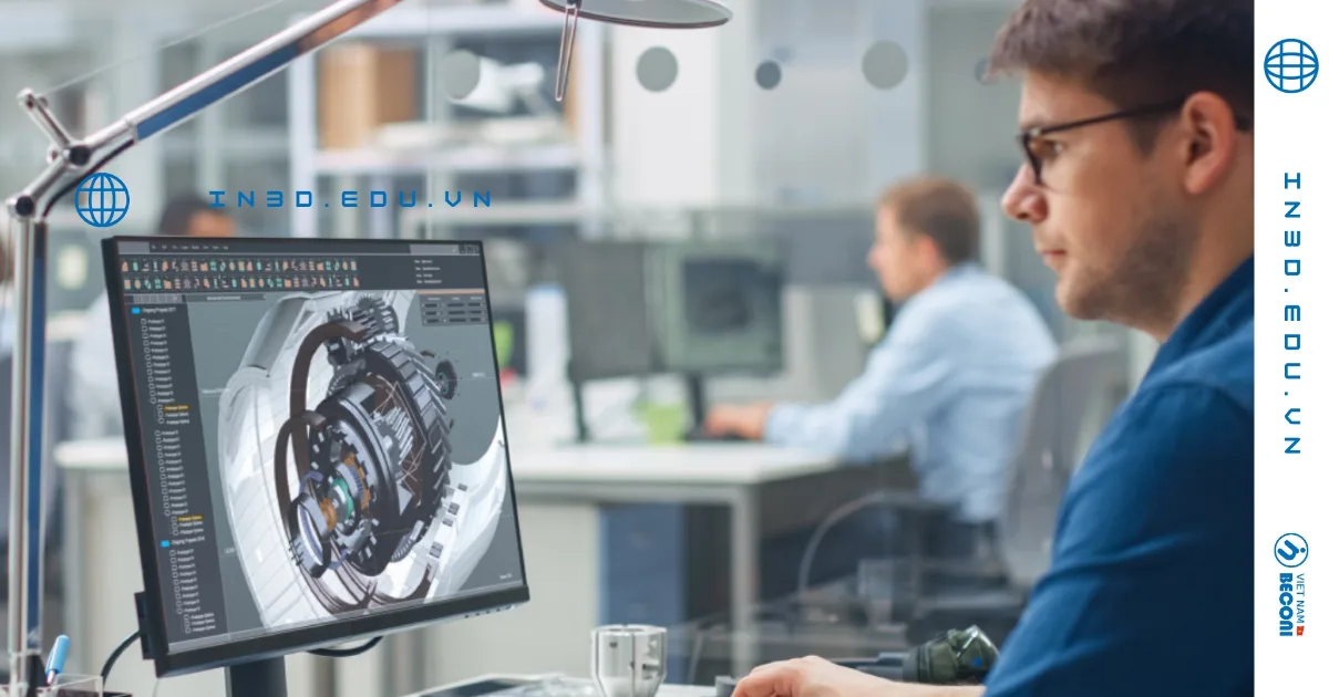Engineer analyzing 3D data of a cast housing on screen – inspection data processing at CT3D