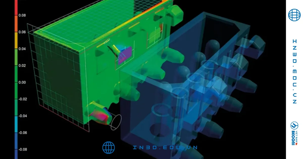Color-coded 3D mesh analysis of an enclosure on a monitor – inspection data review