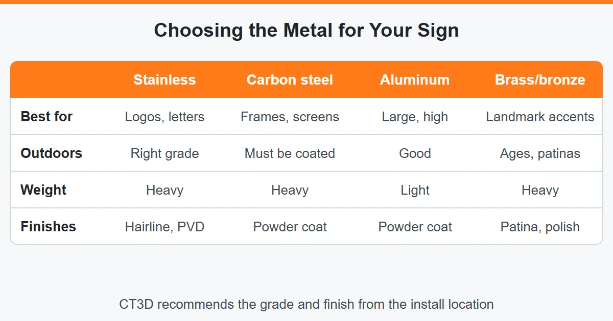 Chart comparing stainless steel, carbon steel, aluminum and brass for logos, letters and metal signage