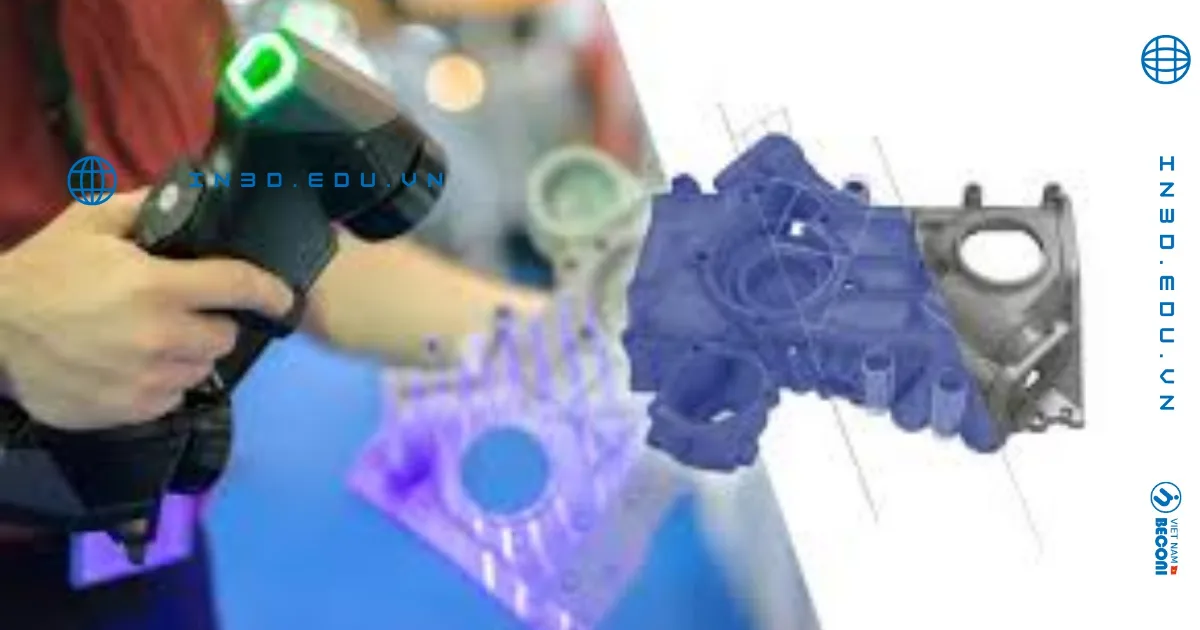 Handheld scanner capturing a mechanical part for reverse engineering, with mesh preview