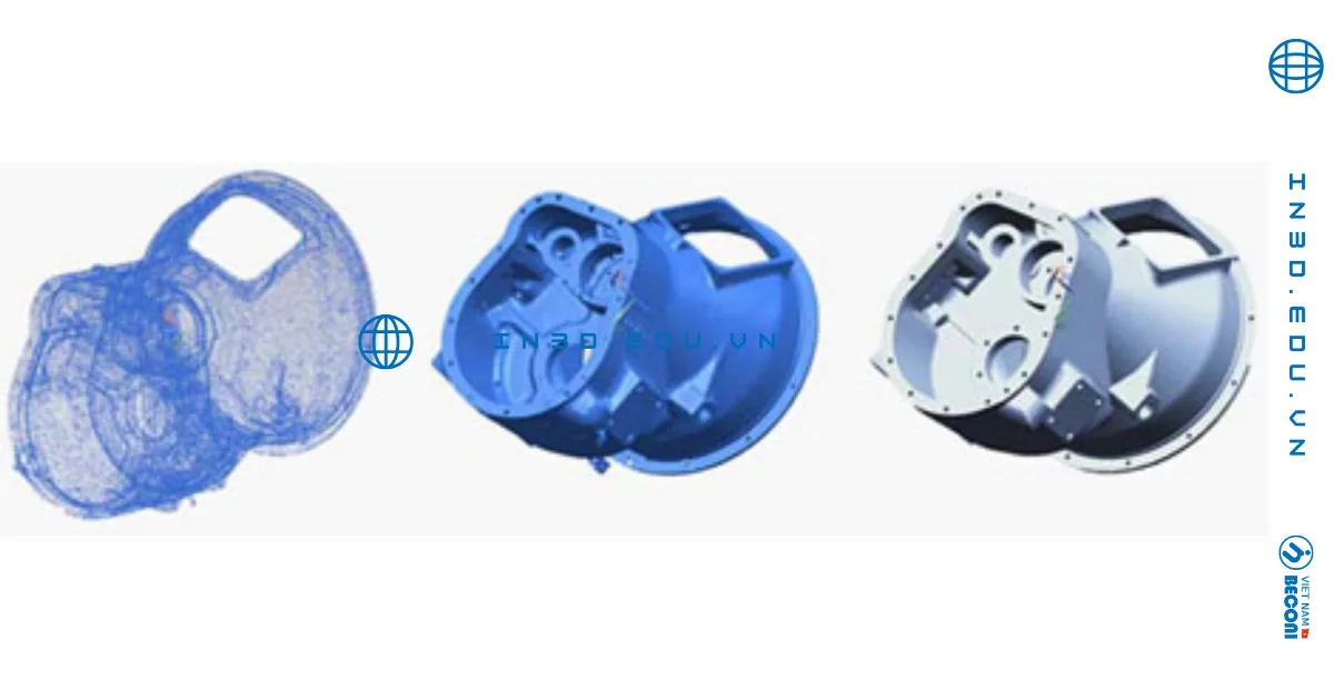 Reverse engineering stages of a part: raw scan mesh, surface model and final CAD solid