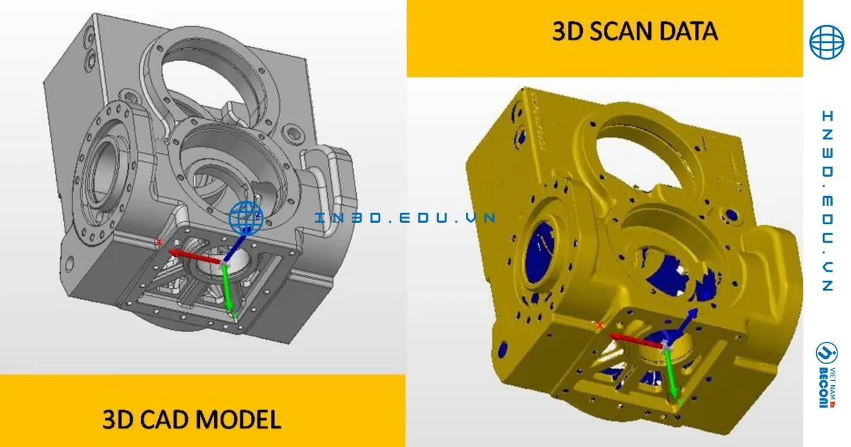 3D scan data of a housing beside the rebuilt 3D CAD model – reverse engineering scan to CAD