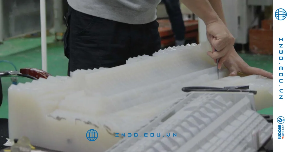 Technician handling an RTV silicone mold during mold making at the CT3D workshop
