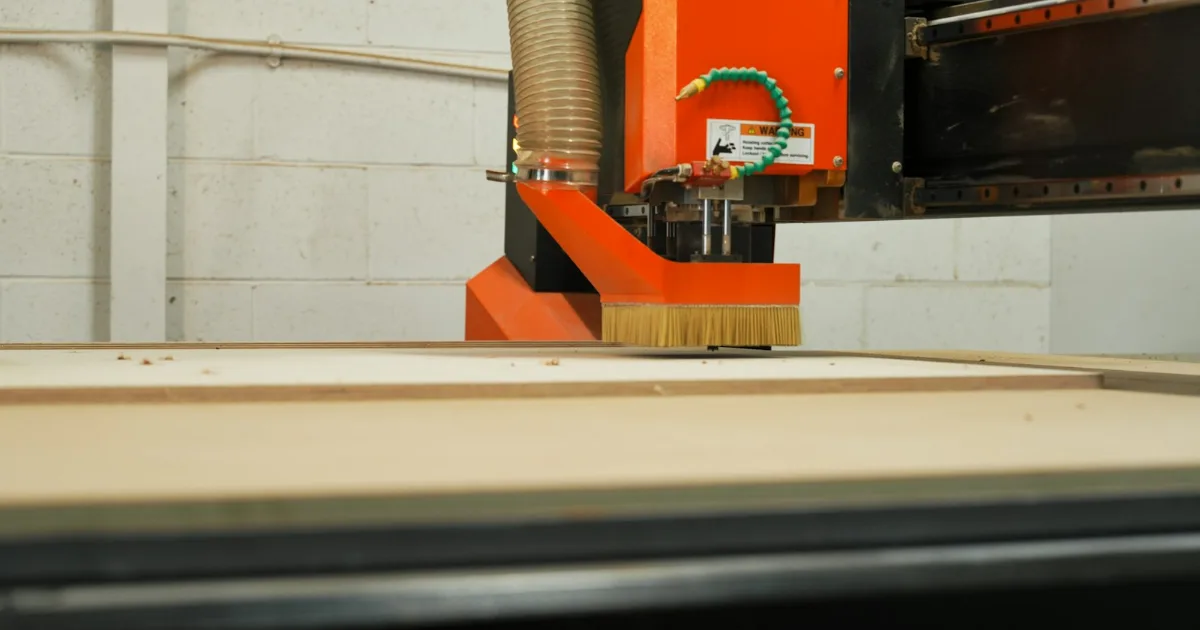 CNC router cutting a wood sheet with a dust brush attachment – illustrative workshop photo