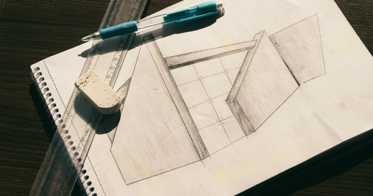 Pencil sketch of geometric shapes with a ruler – illustrative photo of an early design concept