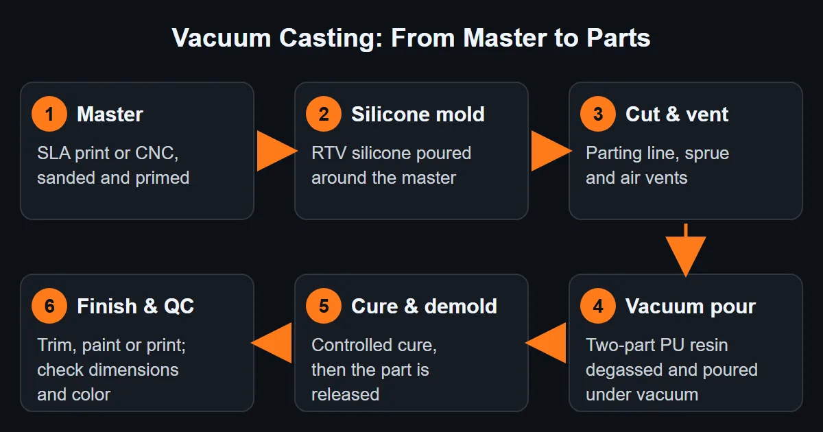 Vacuum casting process diagram – master, silicone mold, vents, vacuum pour, cure, finishing
